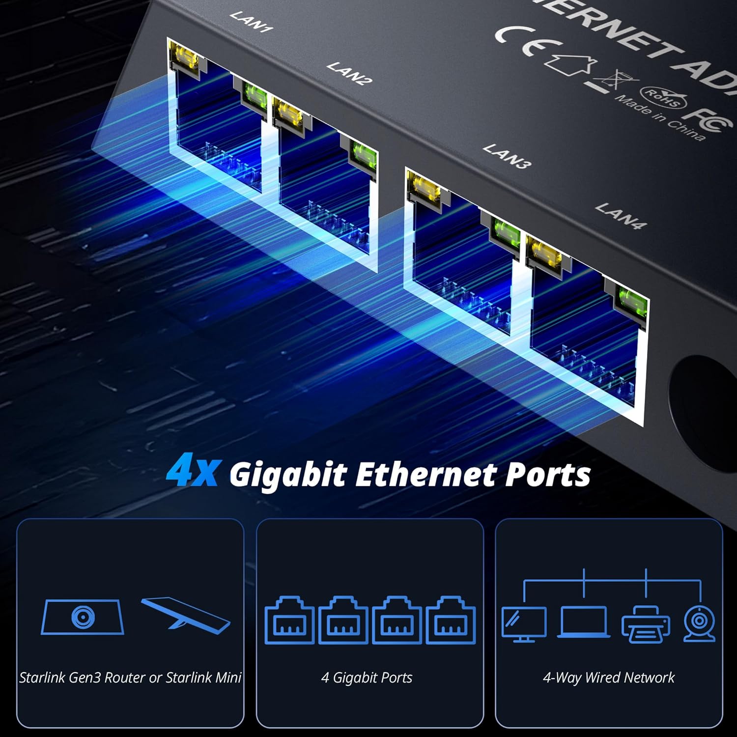 Starlink Mini/Gen3 Ethernet Adapter with 4 RJ45 Ports – XTAR-LINK